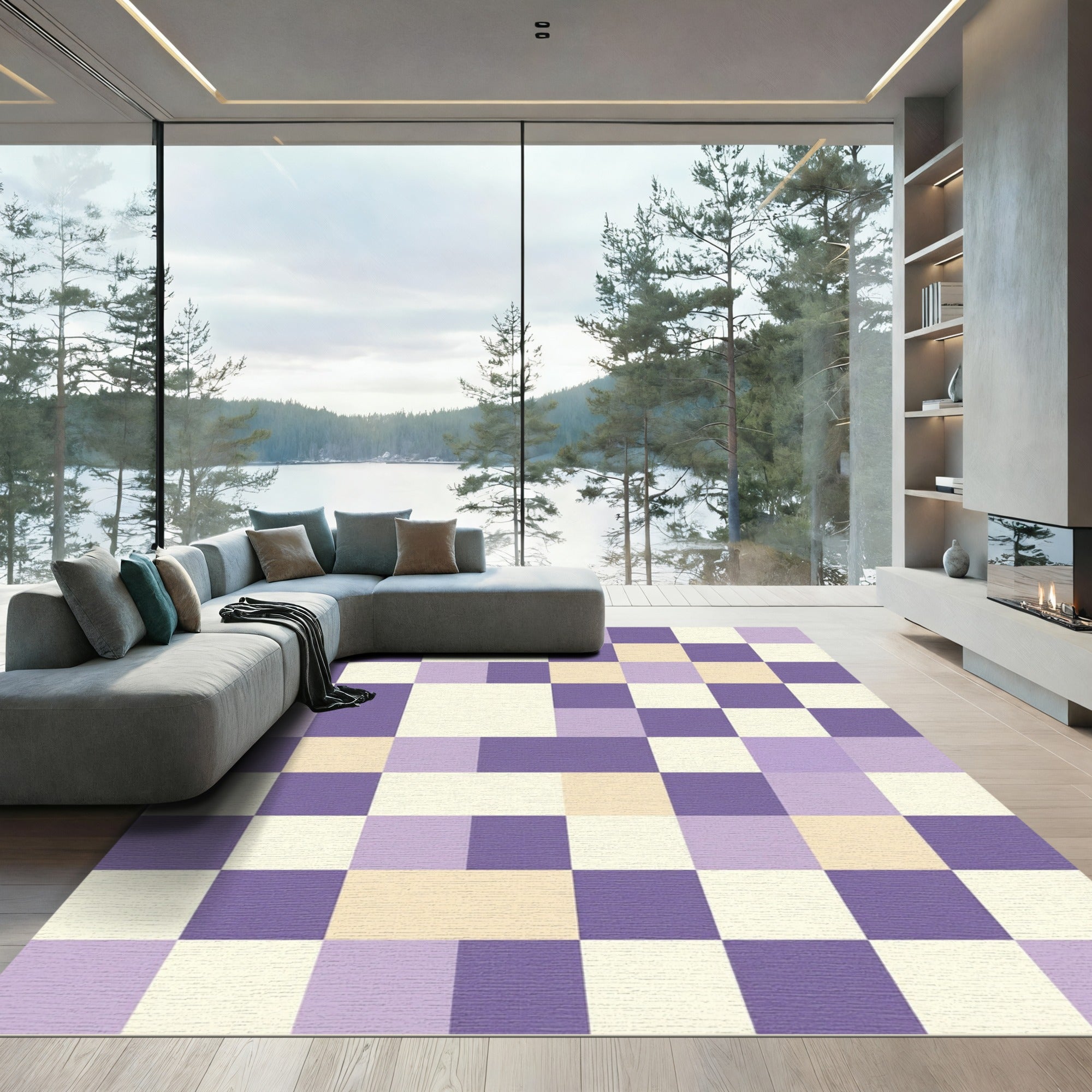 Purple Lavender Cream Checkered Composition Rug