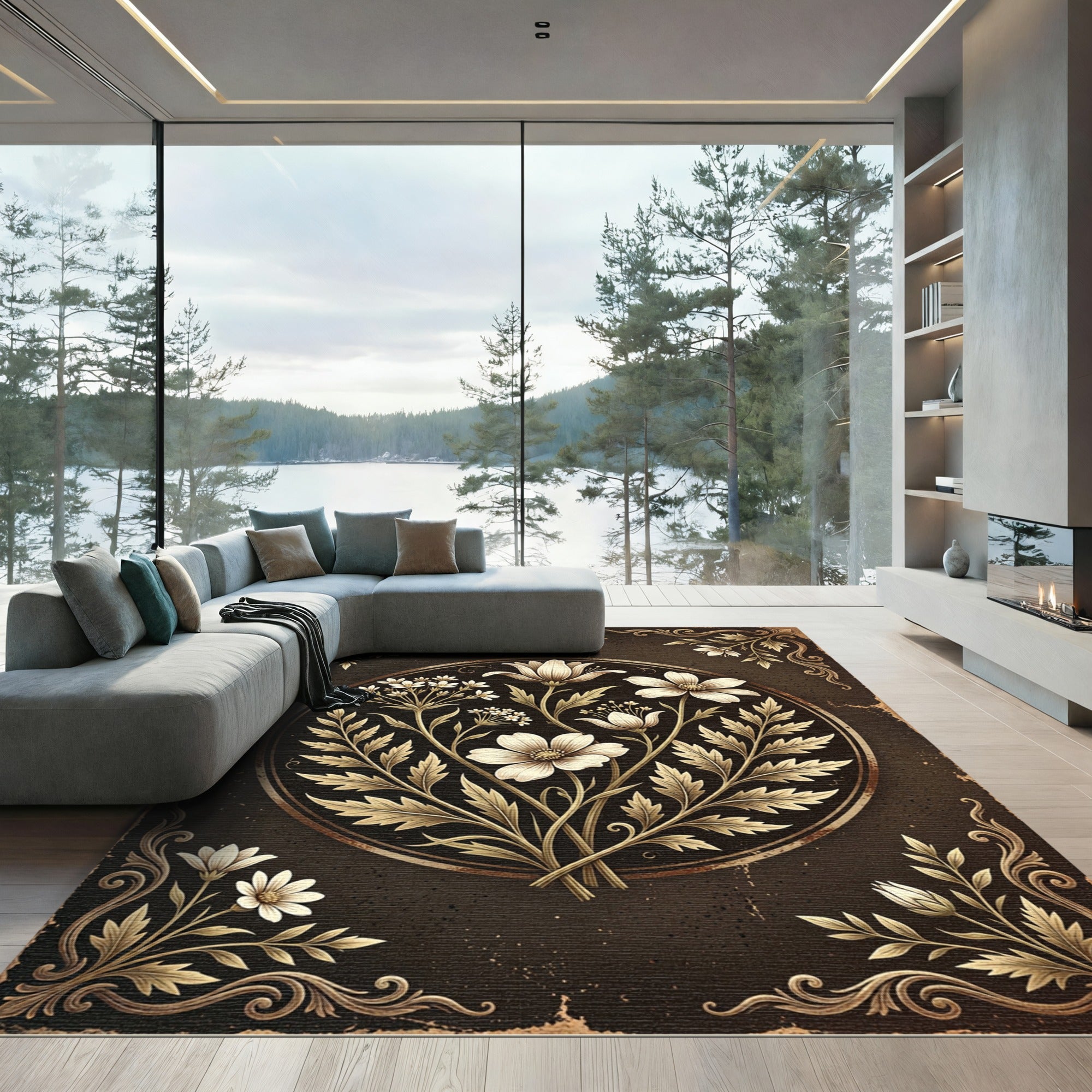 Vintage Golden Floral Botanical Medallion Rug