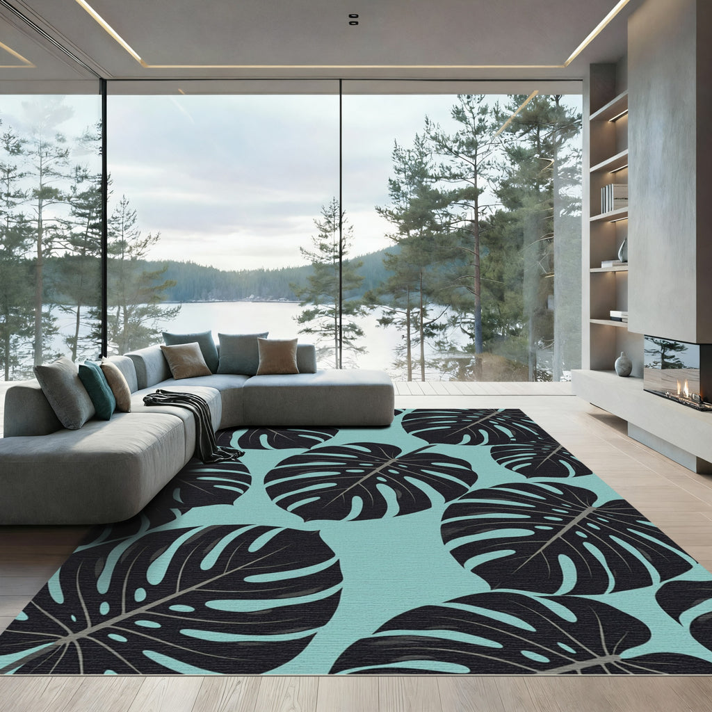 Lush Tropical Monstera Leaf Teal Rug
