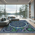 Deep Blue Stained Glass Floral Medallion Rug