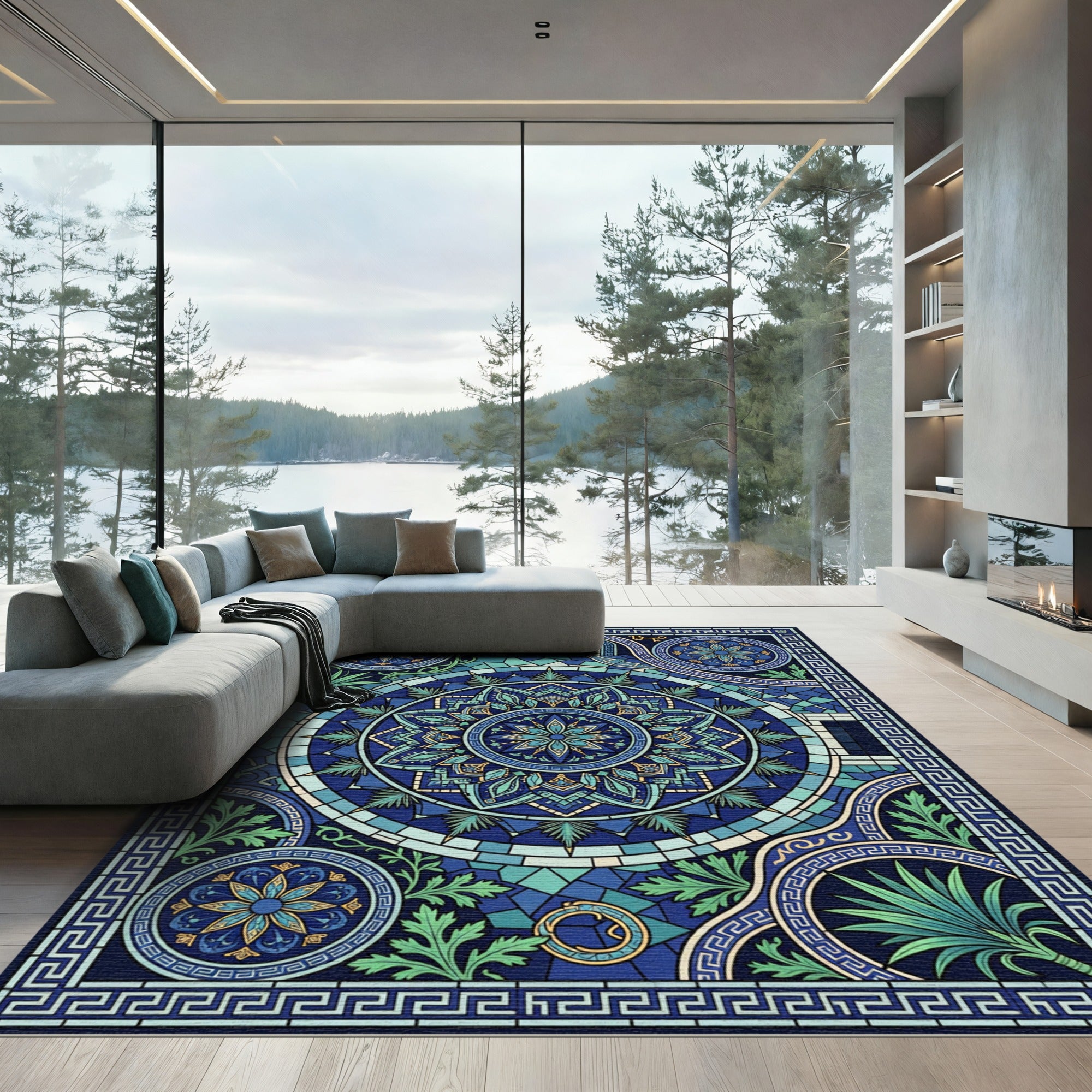 Deep Blue Stained Glass Floral Medallion Rug