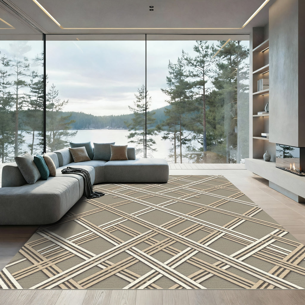 Modern Greige Lattice Overlapping Grid Rug
