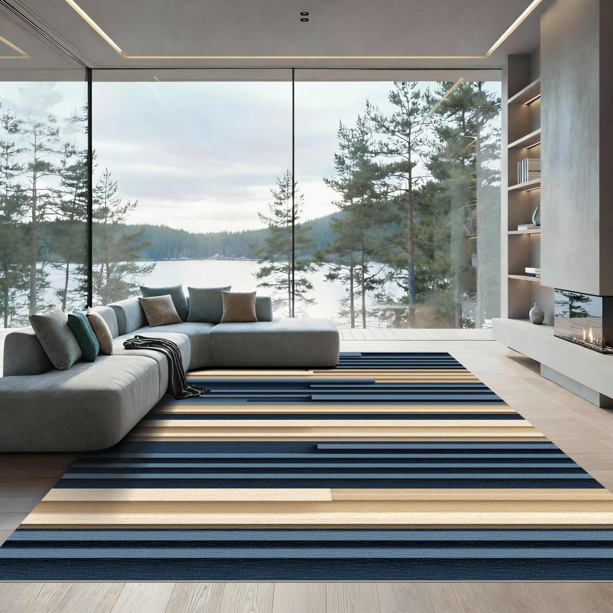 Indigo Tan Horizontal Layered Rug