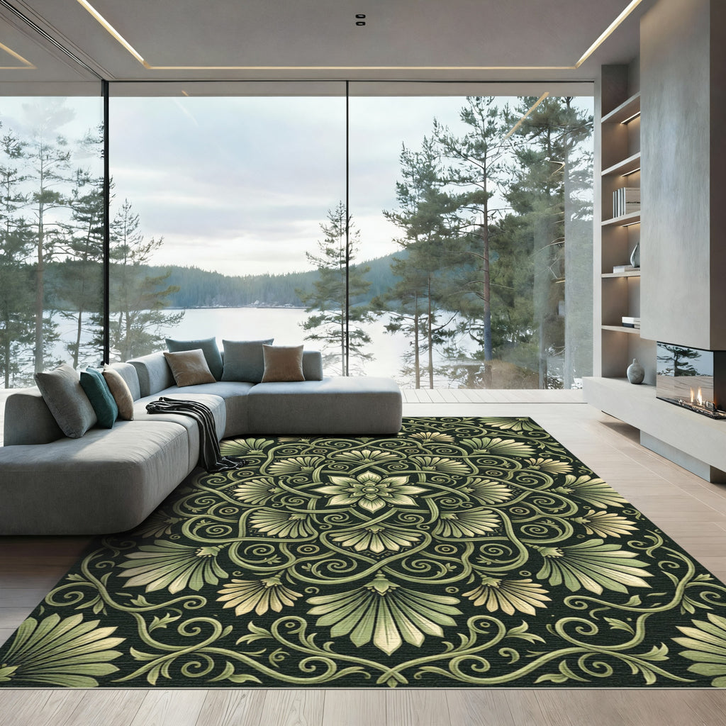 Elegant Sage Botanical Lotus Swirl Rug