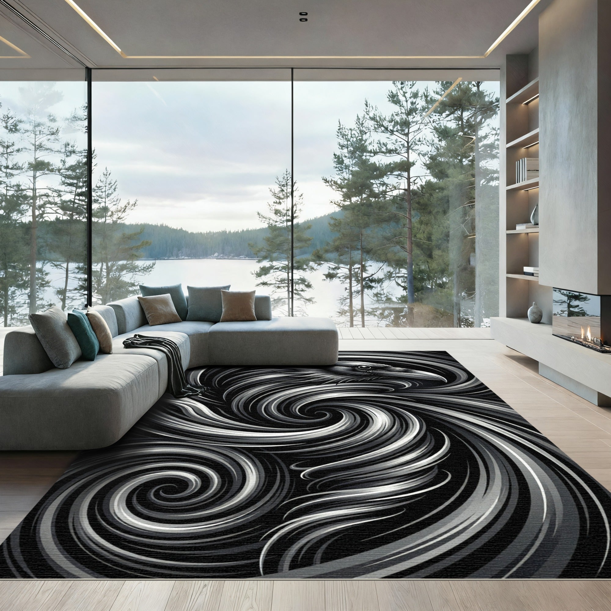 Monochrome Raven Swirl Artistic Rug