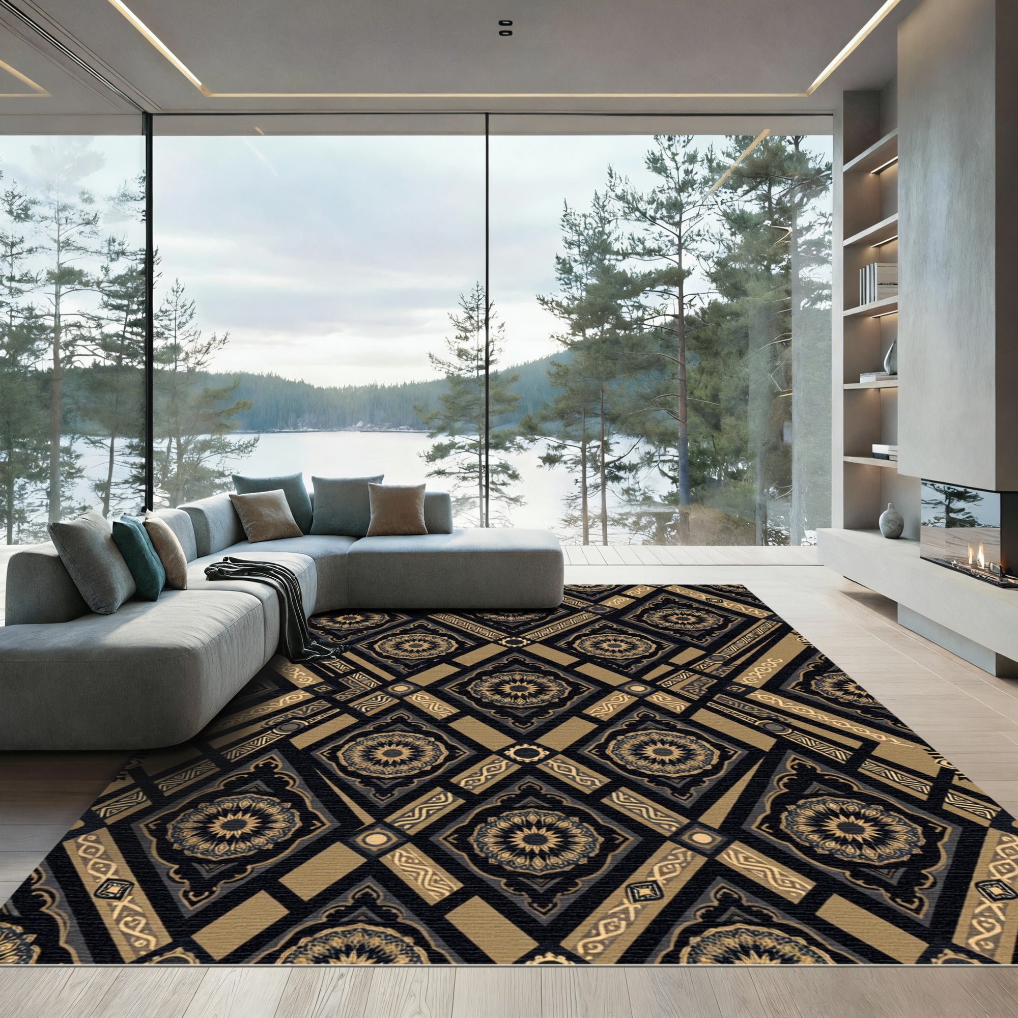 Gold Black Ornate Geometric Diamond Rug