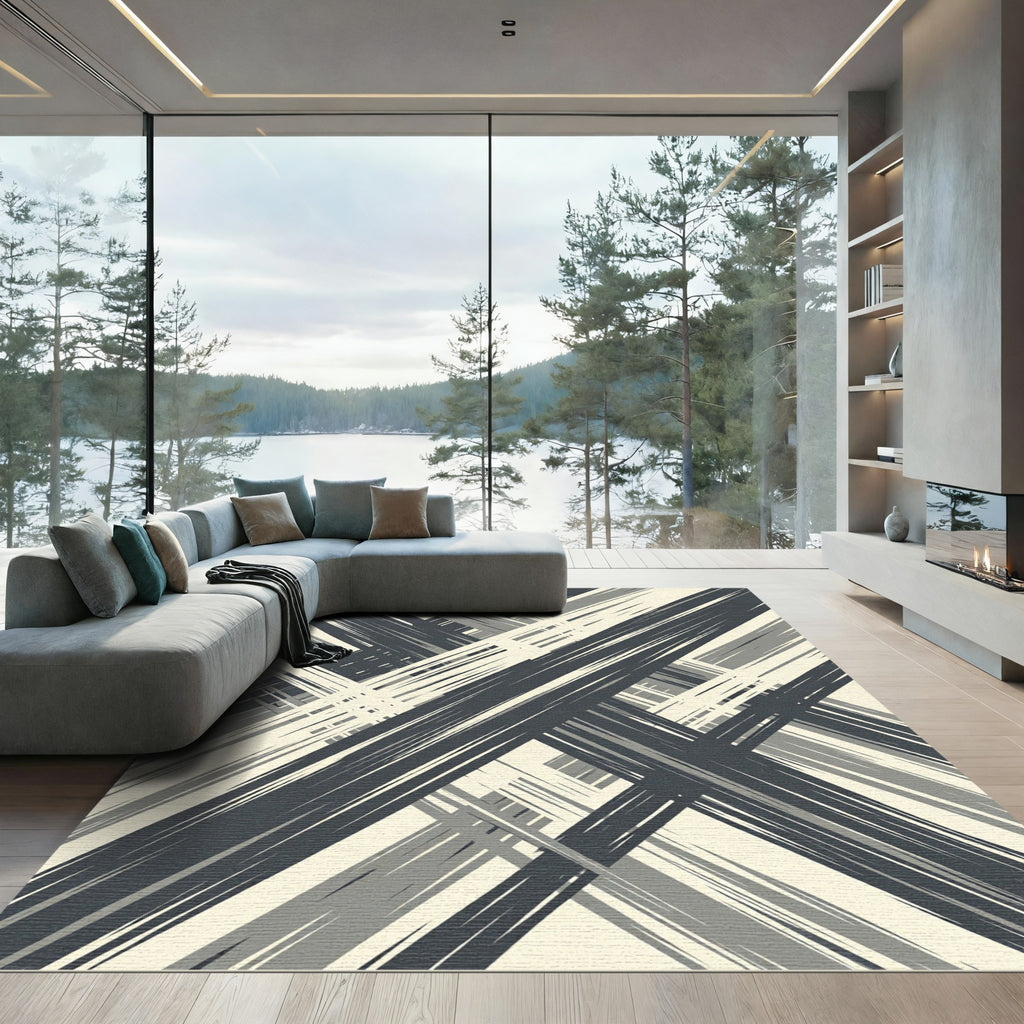 Dark Gray Abstract Brushstroke Stripe Rug