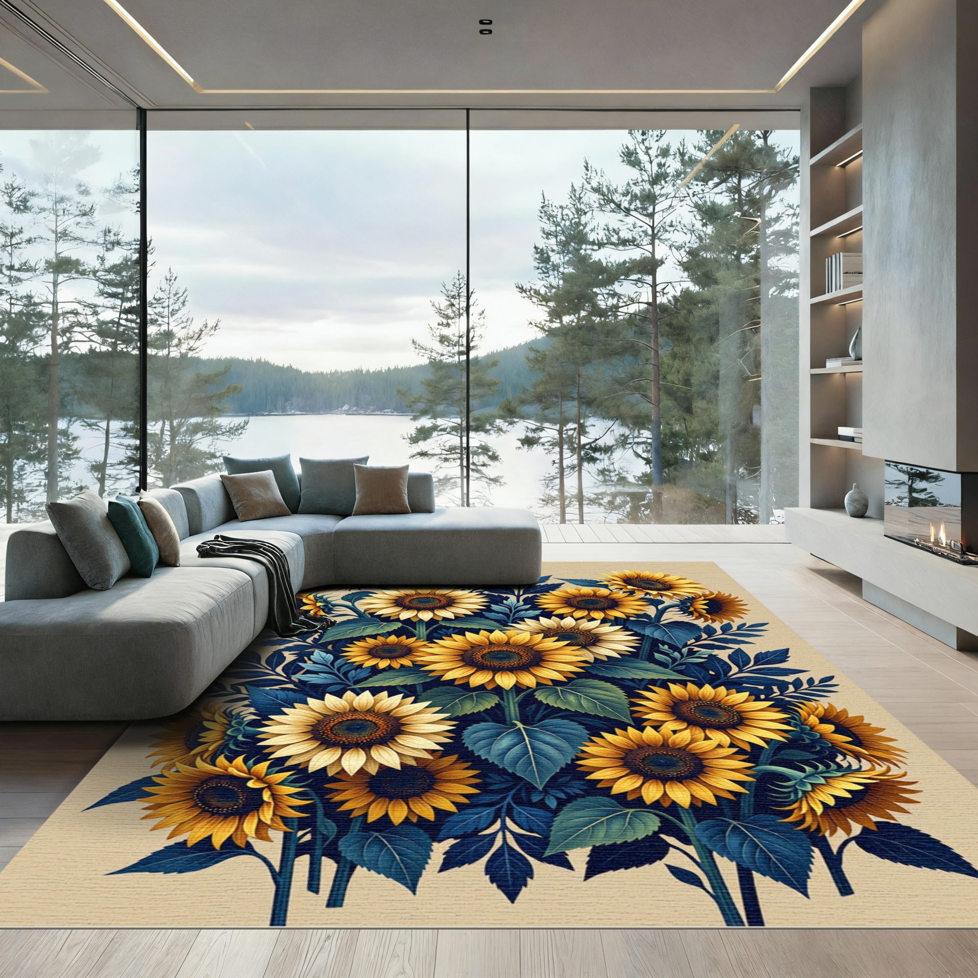 Golden Sunflower Bouquet on Navy Foliage Rug