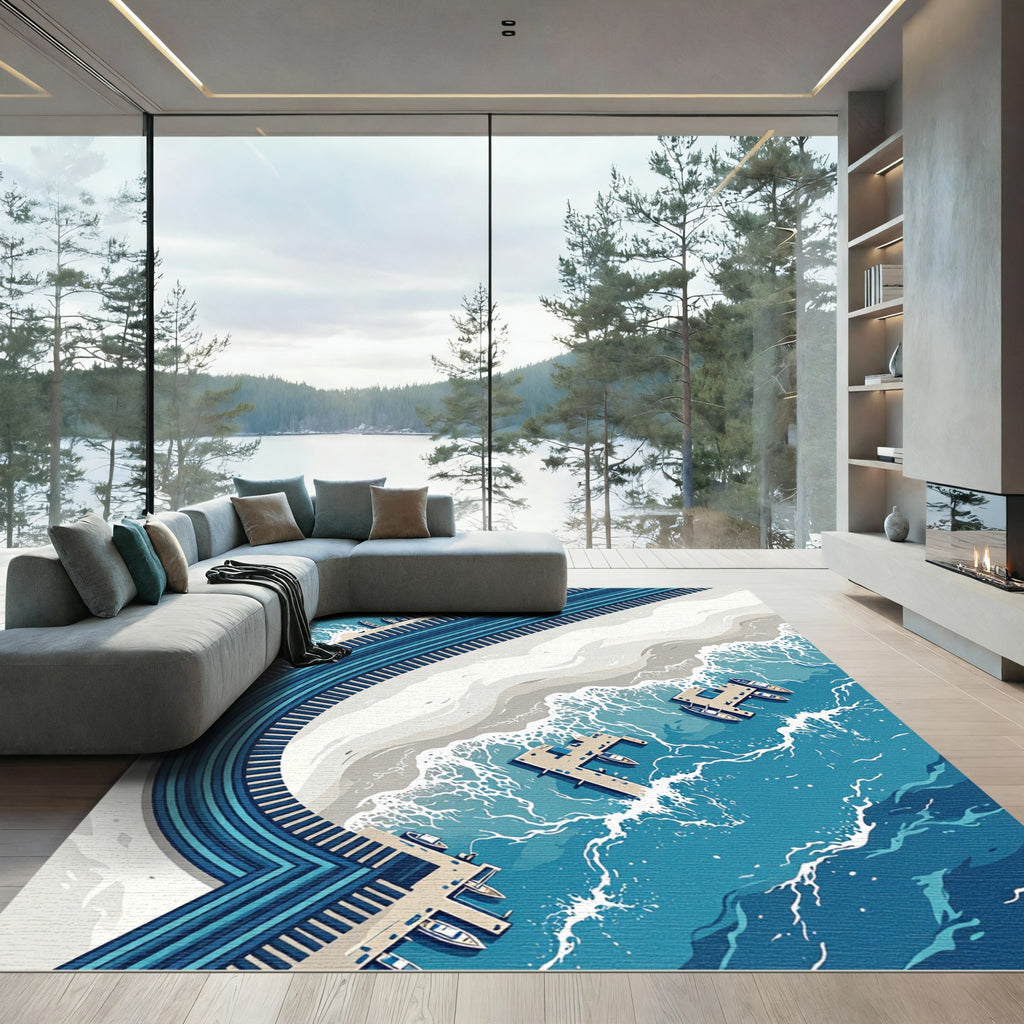 Aerial Blue Harbor Shoreline Wave Rug
