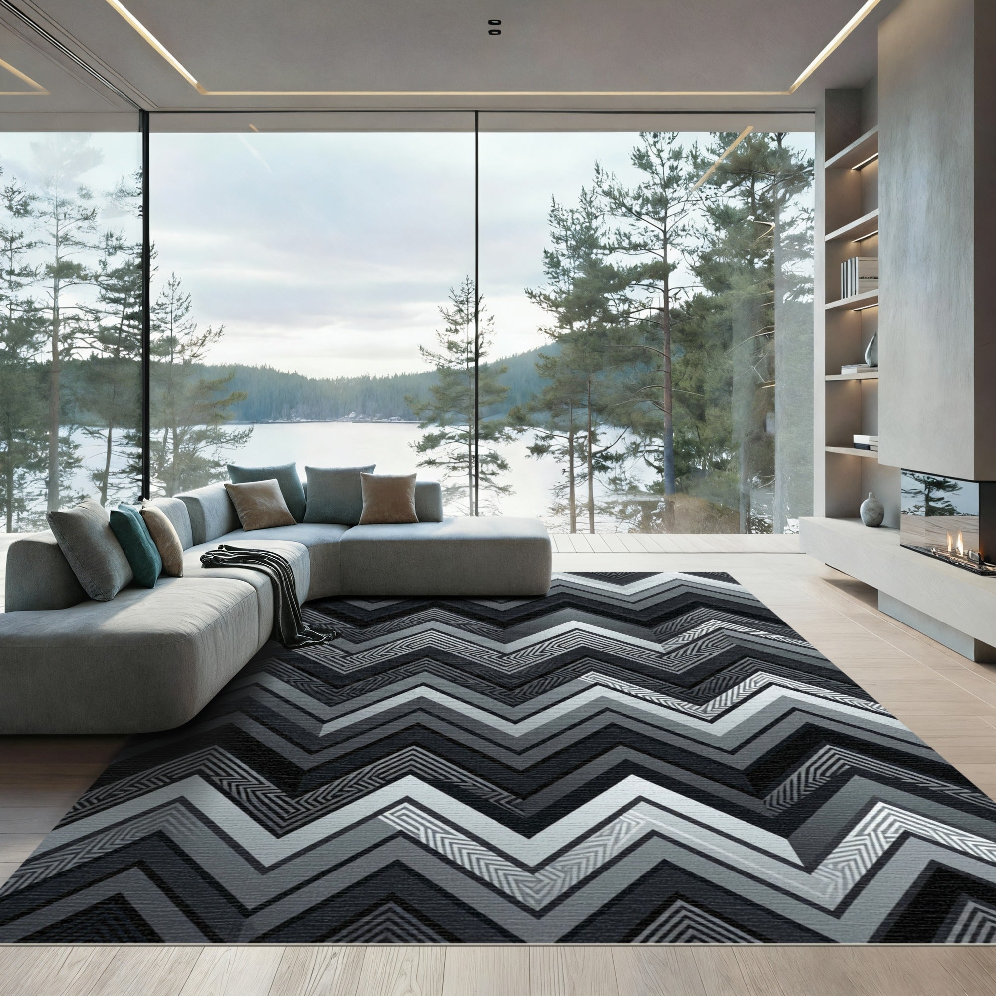 Geometric Monochrome Zigzag Chevron Art Rug