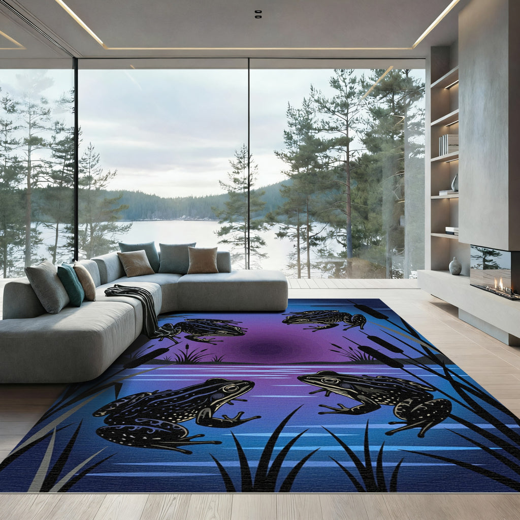 Nocturnal Frog Pond Midnight Blue Illustration Rug