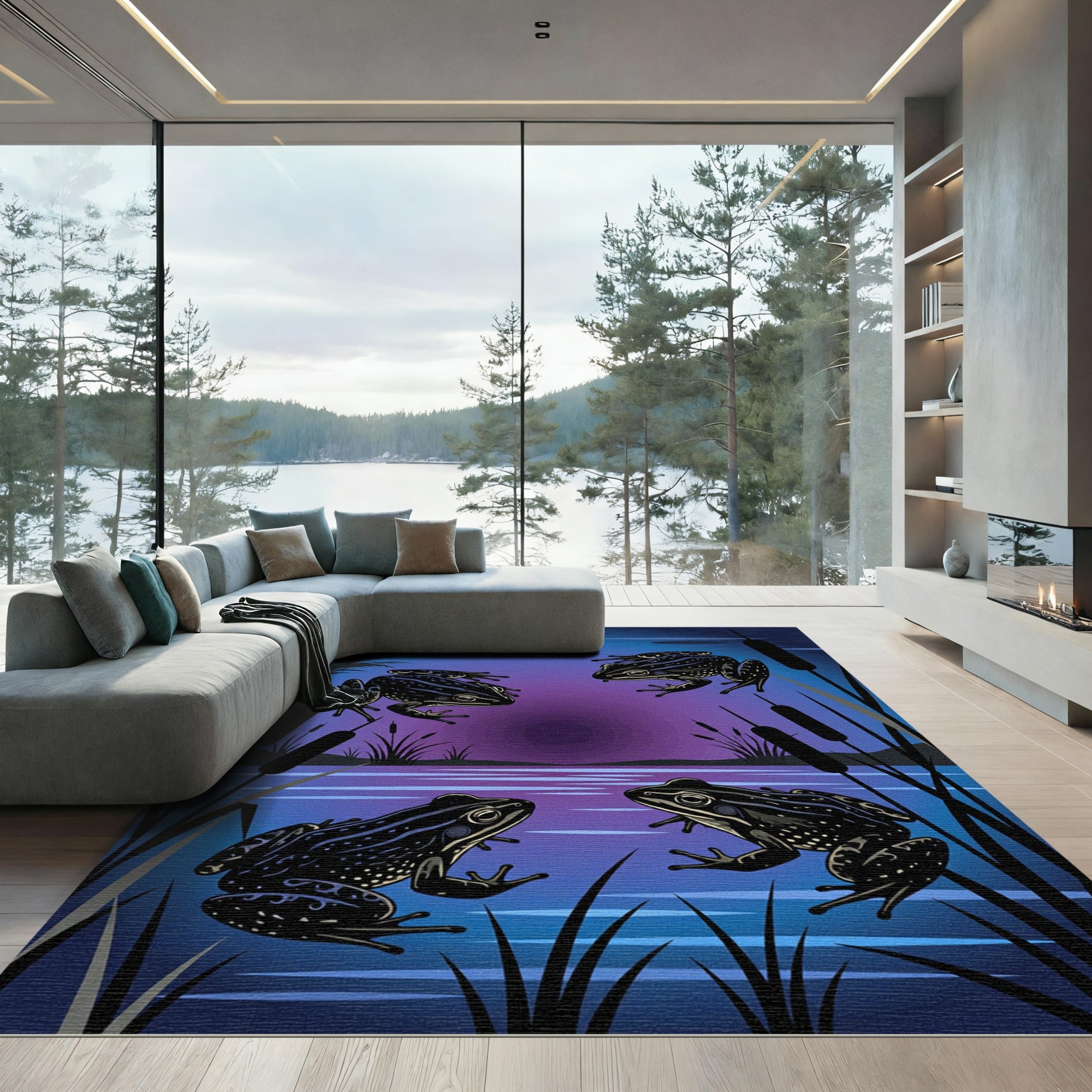 Nocturnal Frog Pond Midnight Blue Illustration Rug