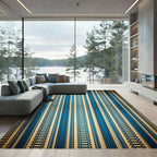 Vintage Blue Gold Linear Stripe Rug