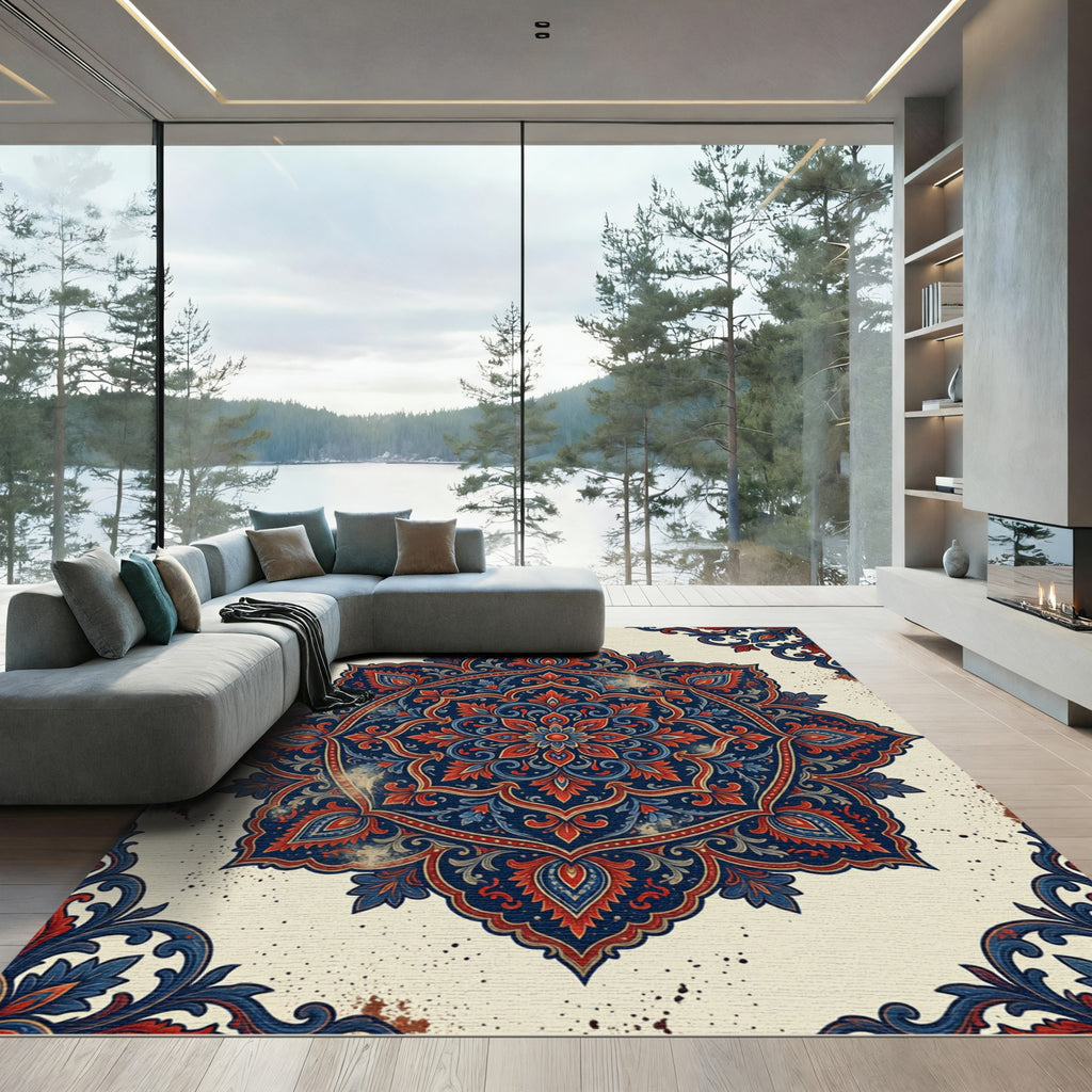 Ornate Red Blue Floral Mandala Rug
