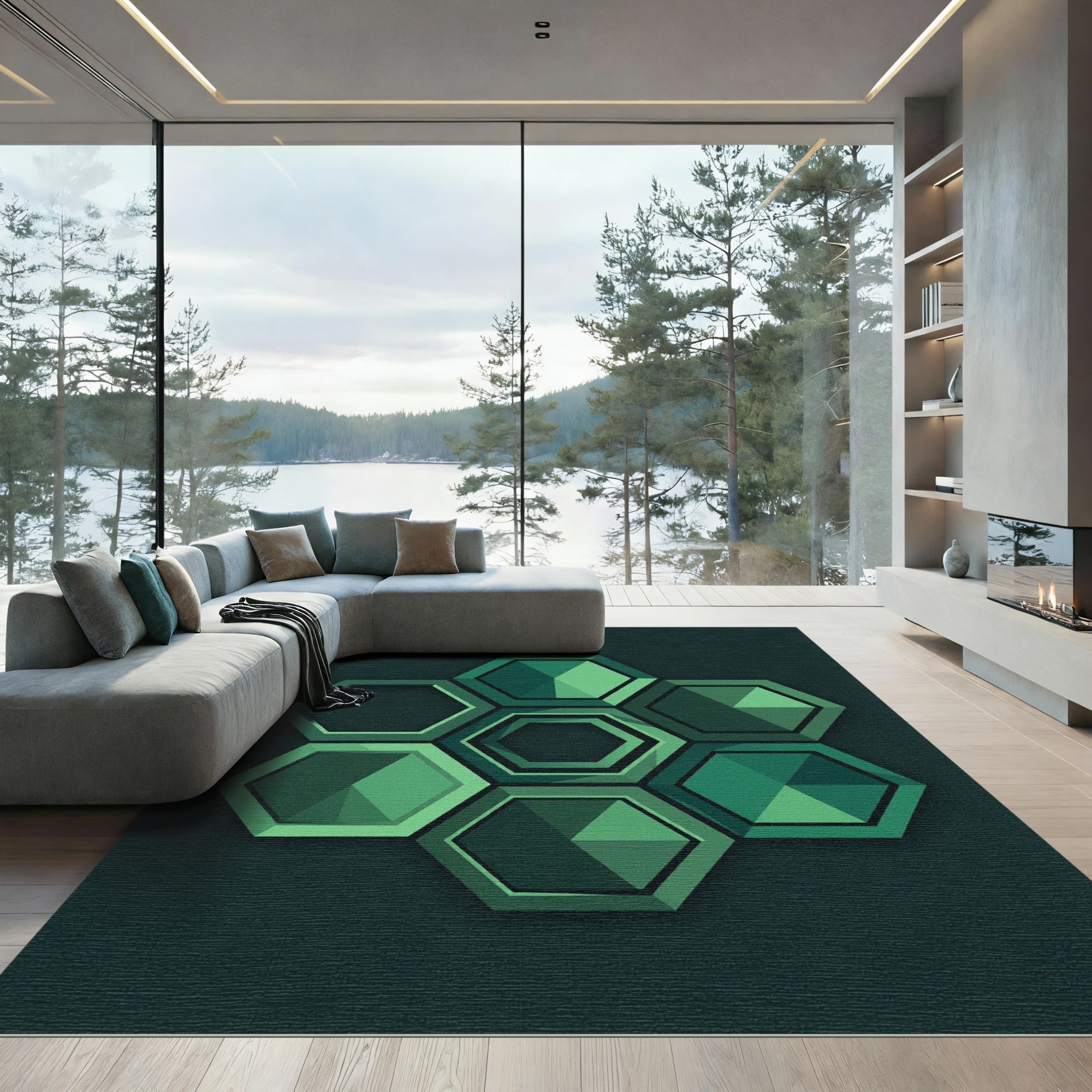 Modern Emerald Hexagon Geometric Arrangement Rug