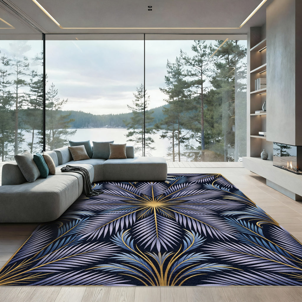 Art Deco Blue Leaf Golden Frame Rug
