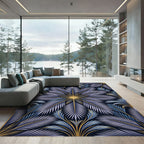 Art Deco Blue Leaf Golden Frame Rug