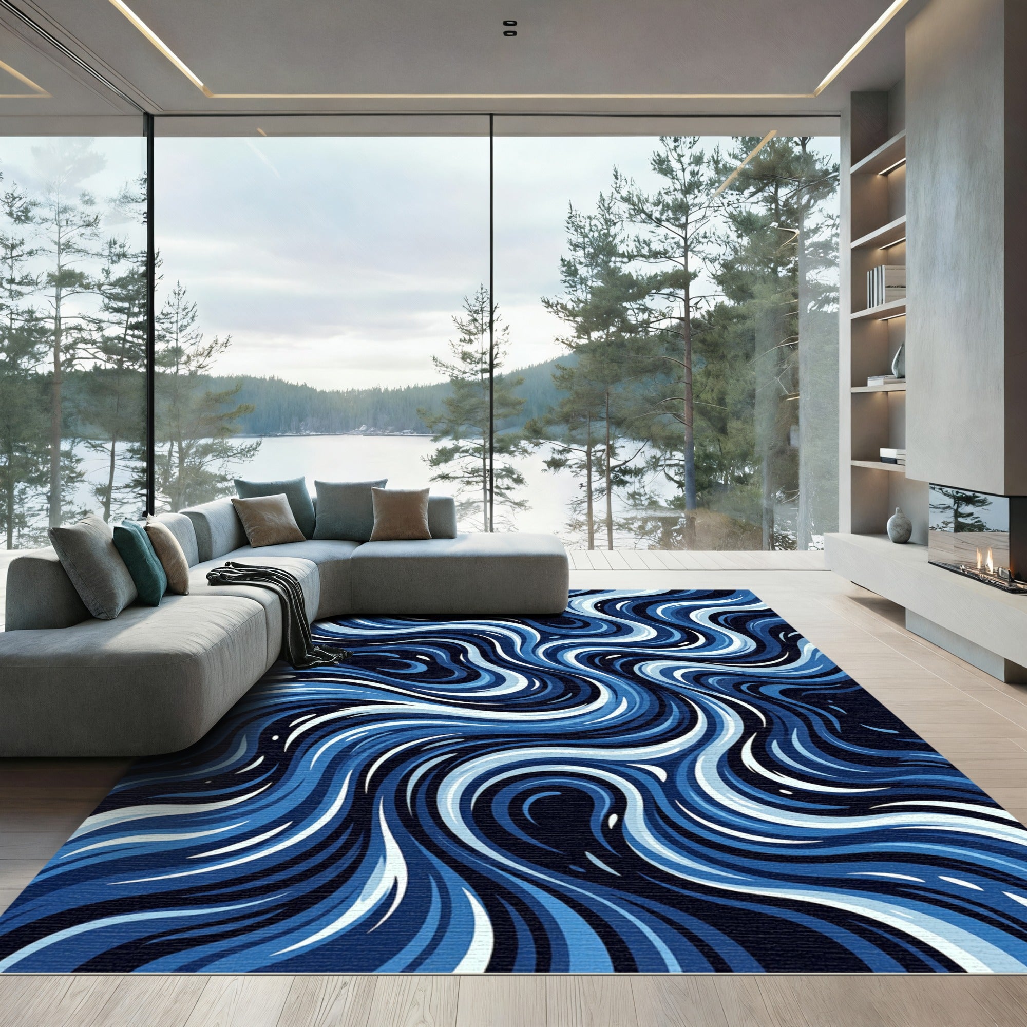 Blue Water Swirl Abstract Rug