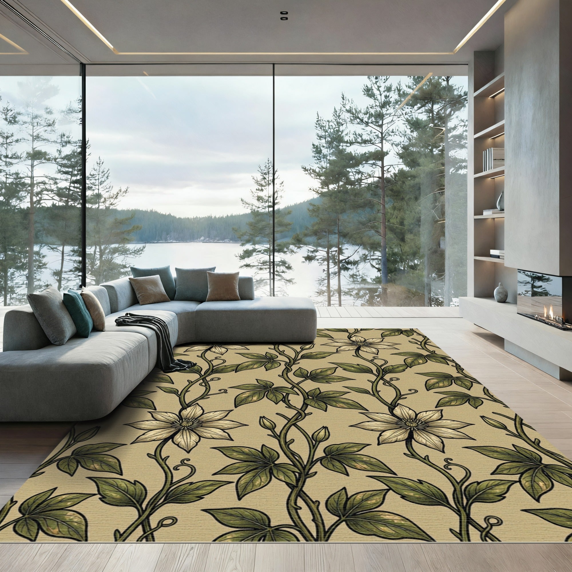 Vintage Sage Clematis Vine Botanical Rug