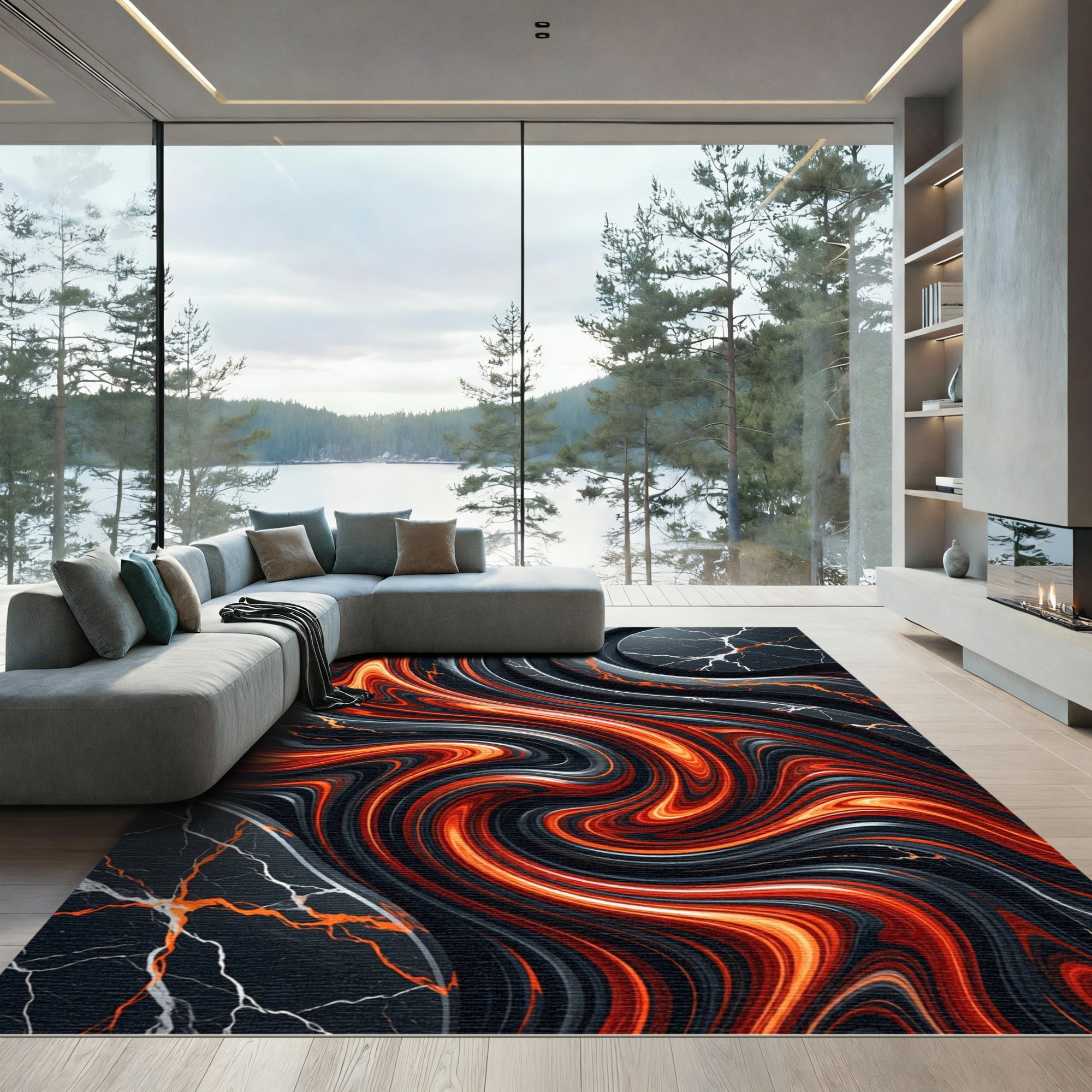 Crimson Marble Swirl Abstract Rug