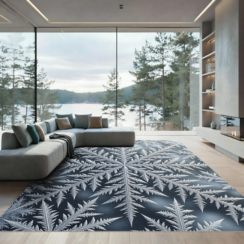 Icy Silver Geometric Snowflake Fractal Rug