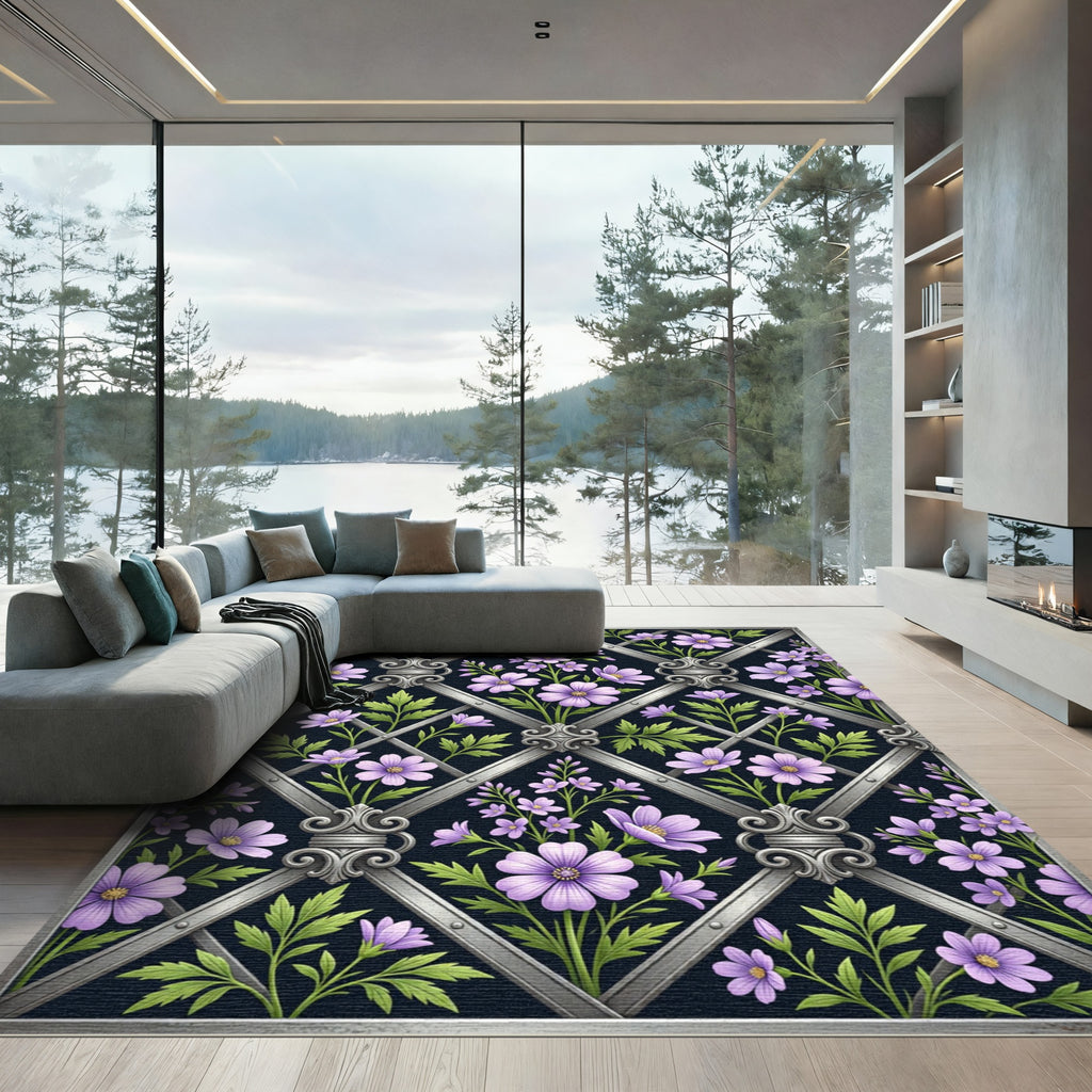 Silver Lattice Lavender Floral Garden Rug