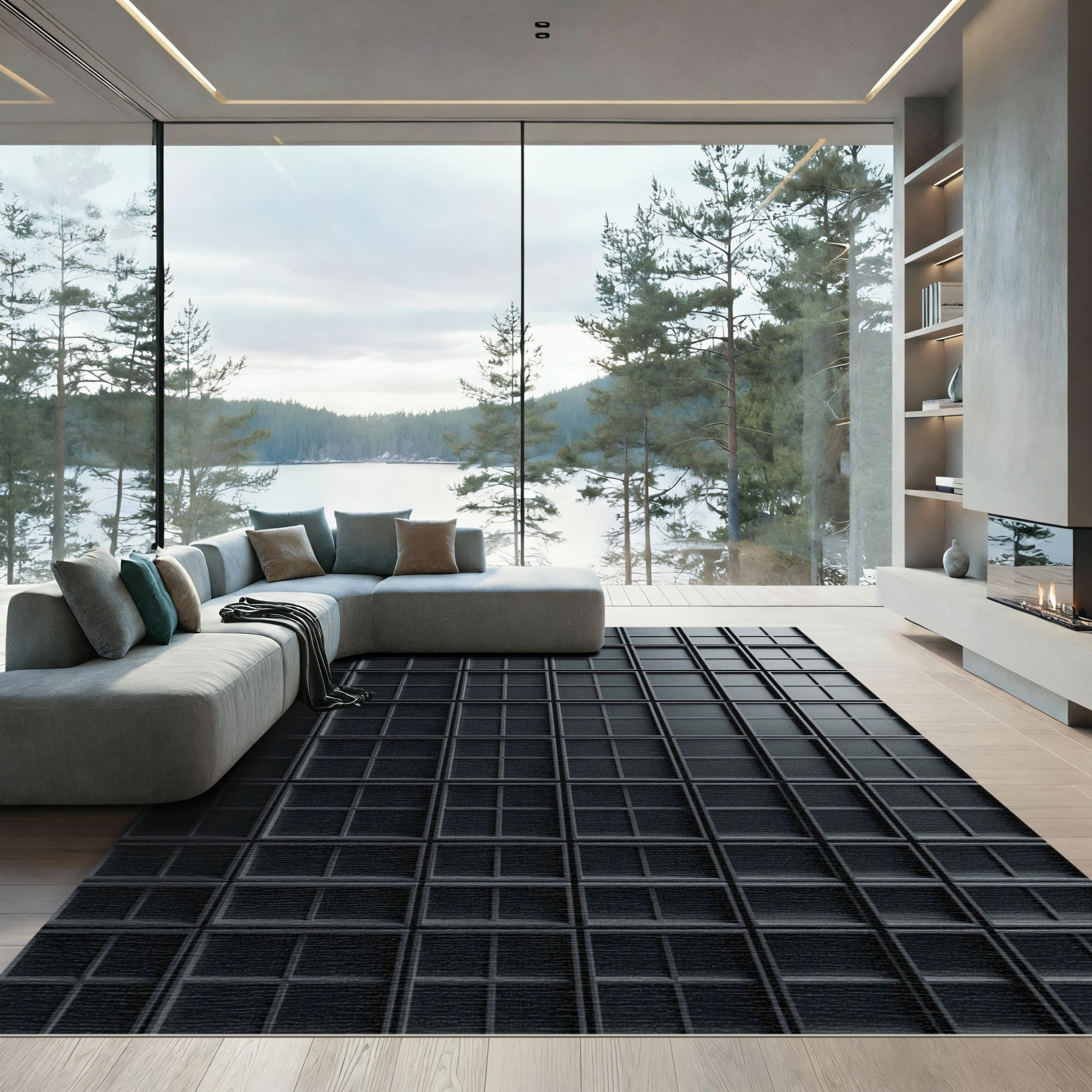 Matte Charcoal Geometric Grid Facade Rug