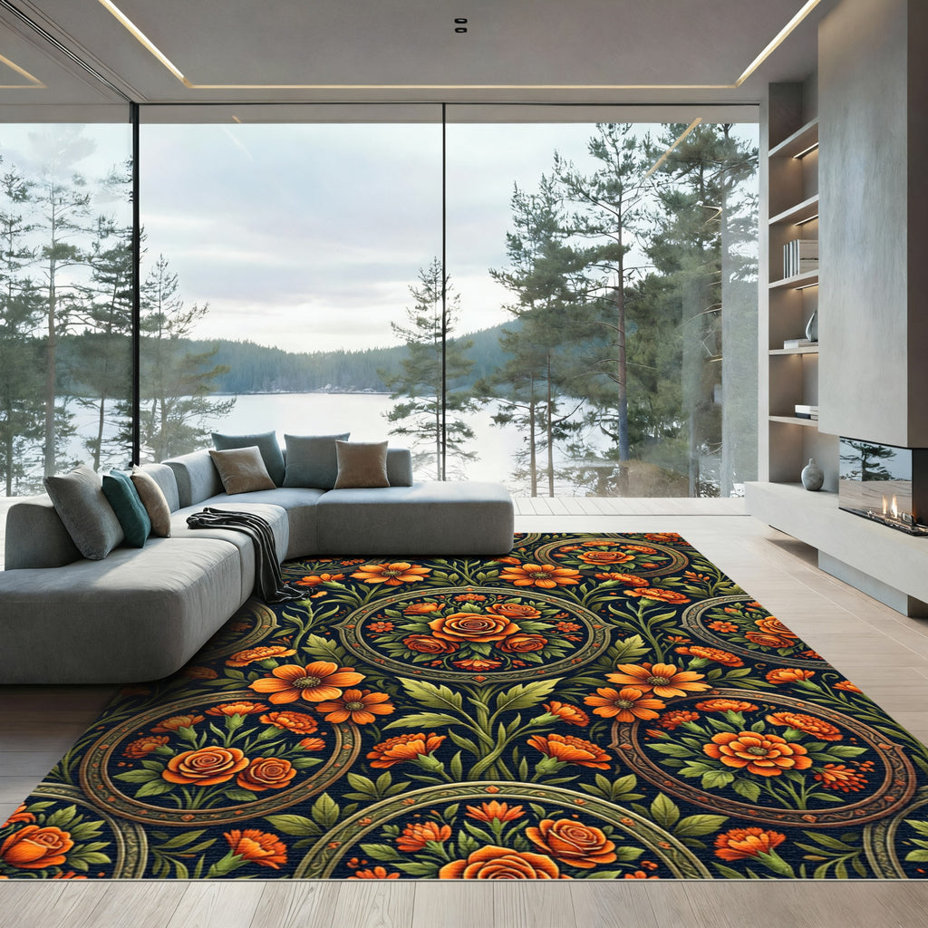 Elegant Amber Floral Medallion Garden Rug