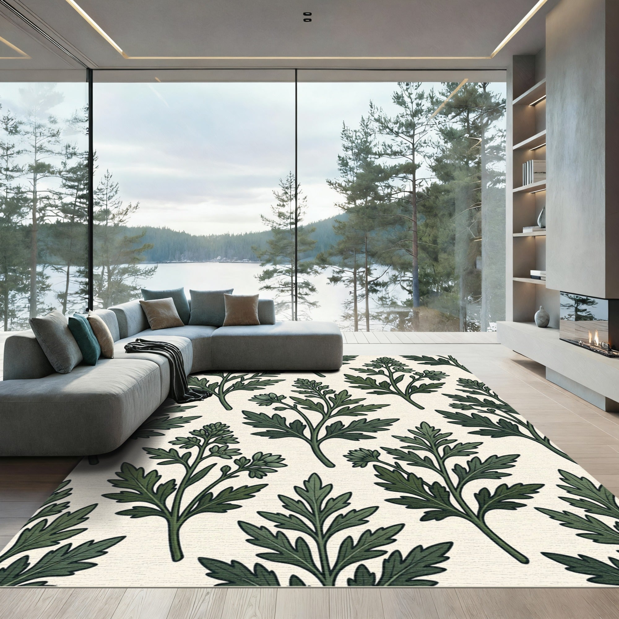 Verdant Green Botanical Branch Pattern Rug