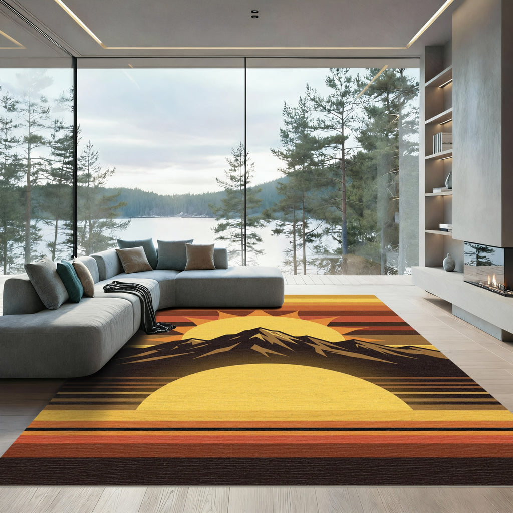 Retro Golden Sun Mountain Horizon Rug