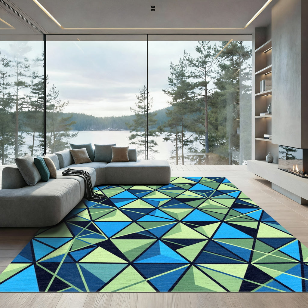 Geometric Azure and Lime Triangle Mosaic Rug