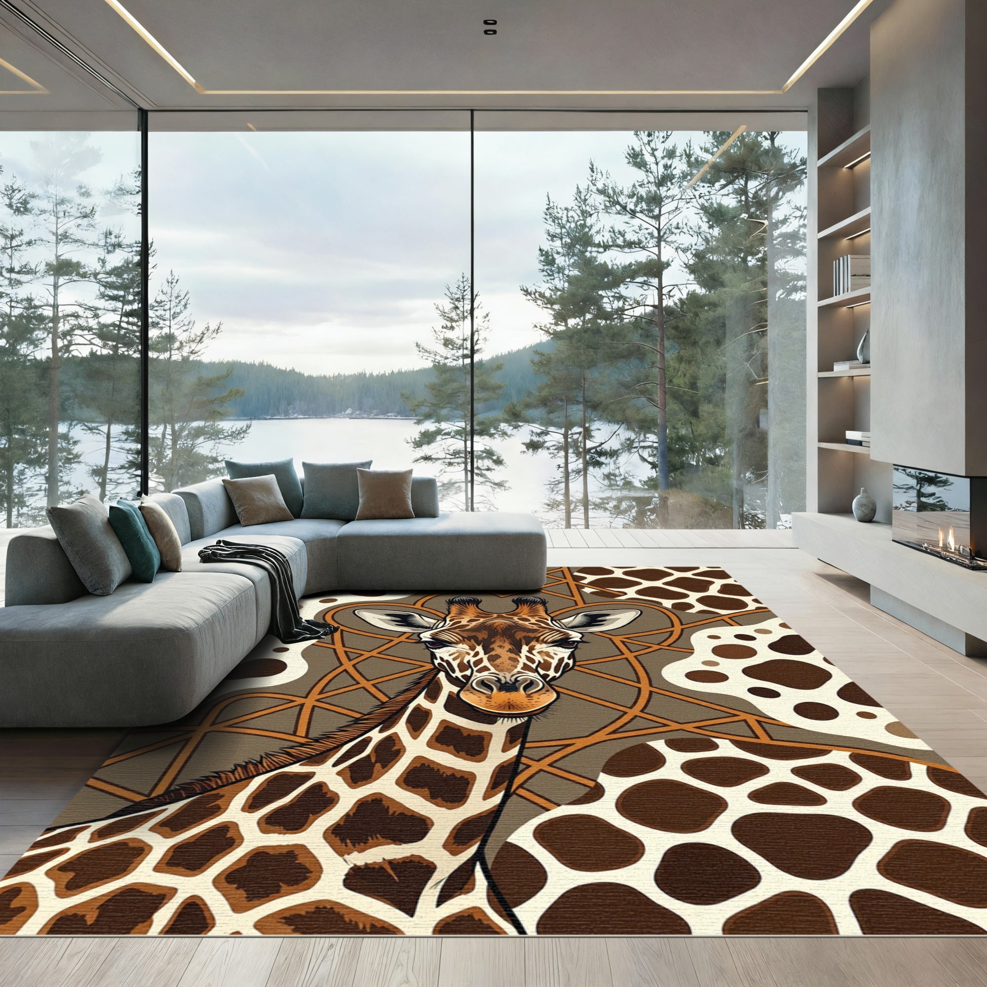 Giraffe Portrait Brown Abstract Shapes Rug