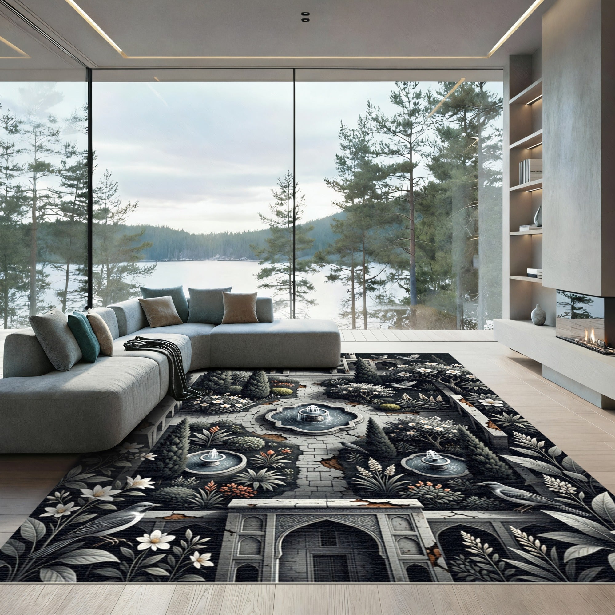 Monochromatic Garden Oasis Bird Fountain Rug