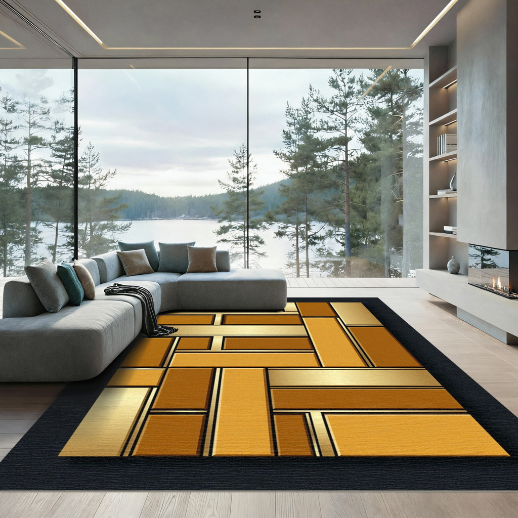 Modern Gold Amber Geometric Block Layering Rug