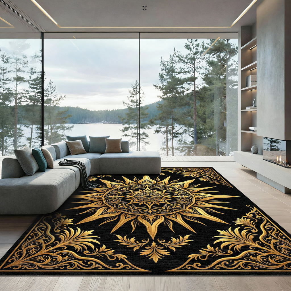 Opulent Gold Sunburst Floral Mandala Rug