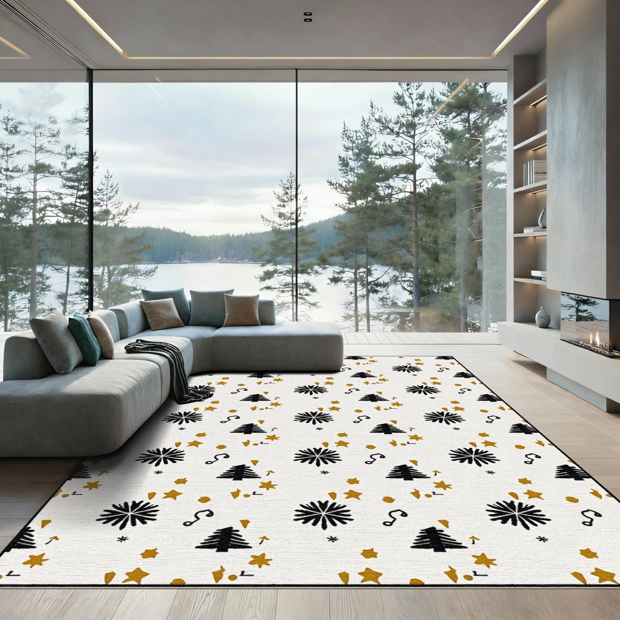Festive Black Tree Gold Star Scatter Rug