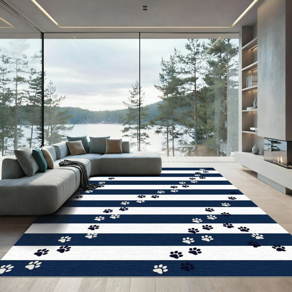 Navy Blue Striped Playful Paw Rug