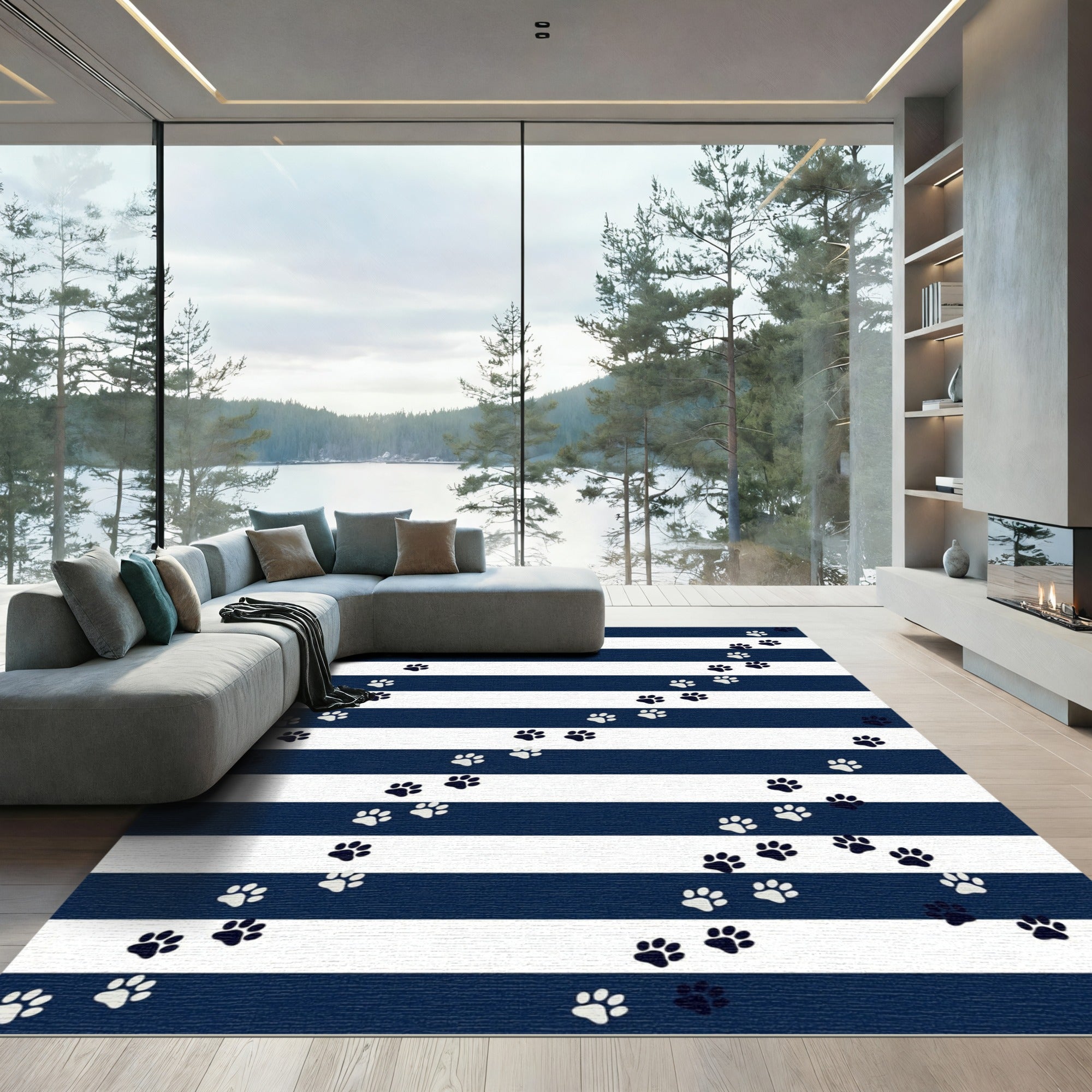 Navy Blue Striped Playful Paw Rug
