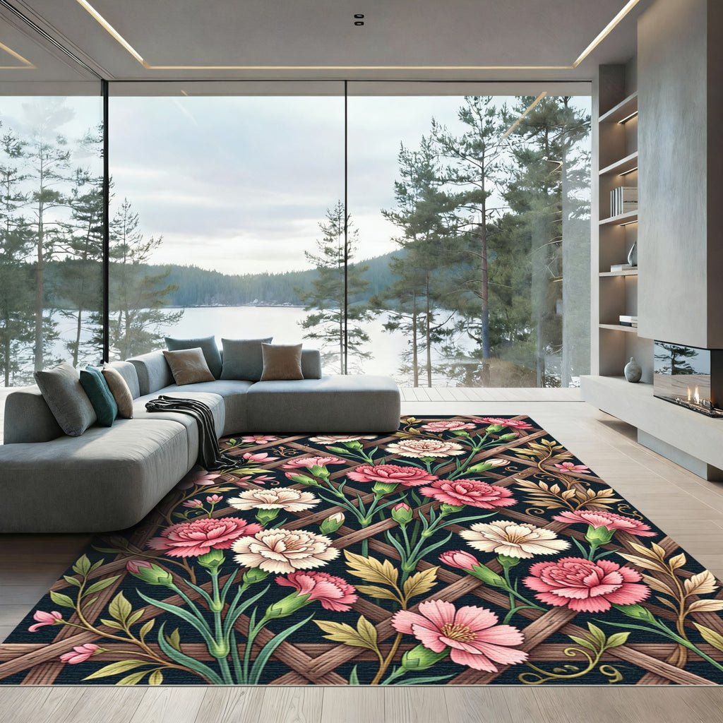 Blushing Carnation Trellis Dark Floral Rug