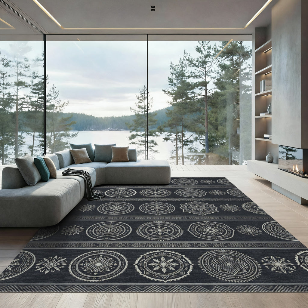 Silver Tribal Ethnic Medallion Stripe Rug