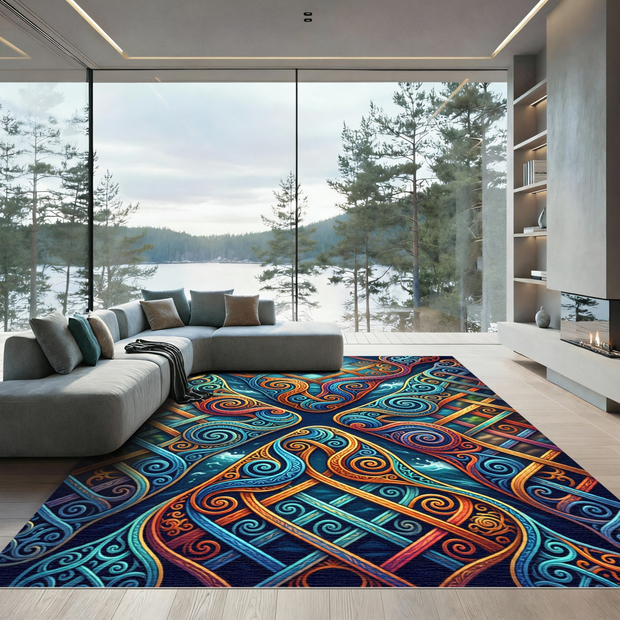 Intricate Blue Orange Swirl Knotwork Rug