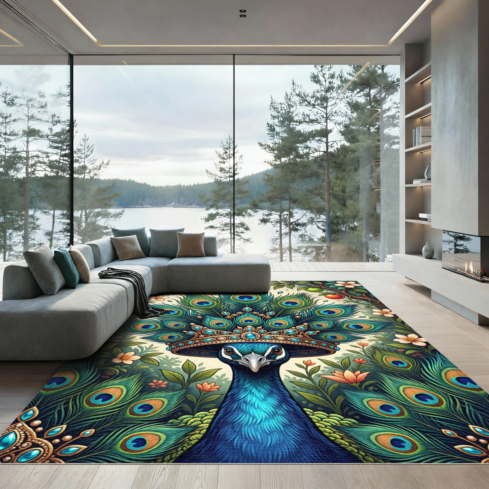 Regal Peacock Jewel Foliage Illustration Rug