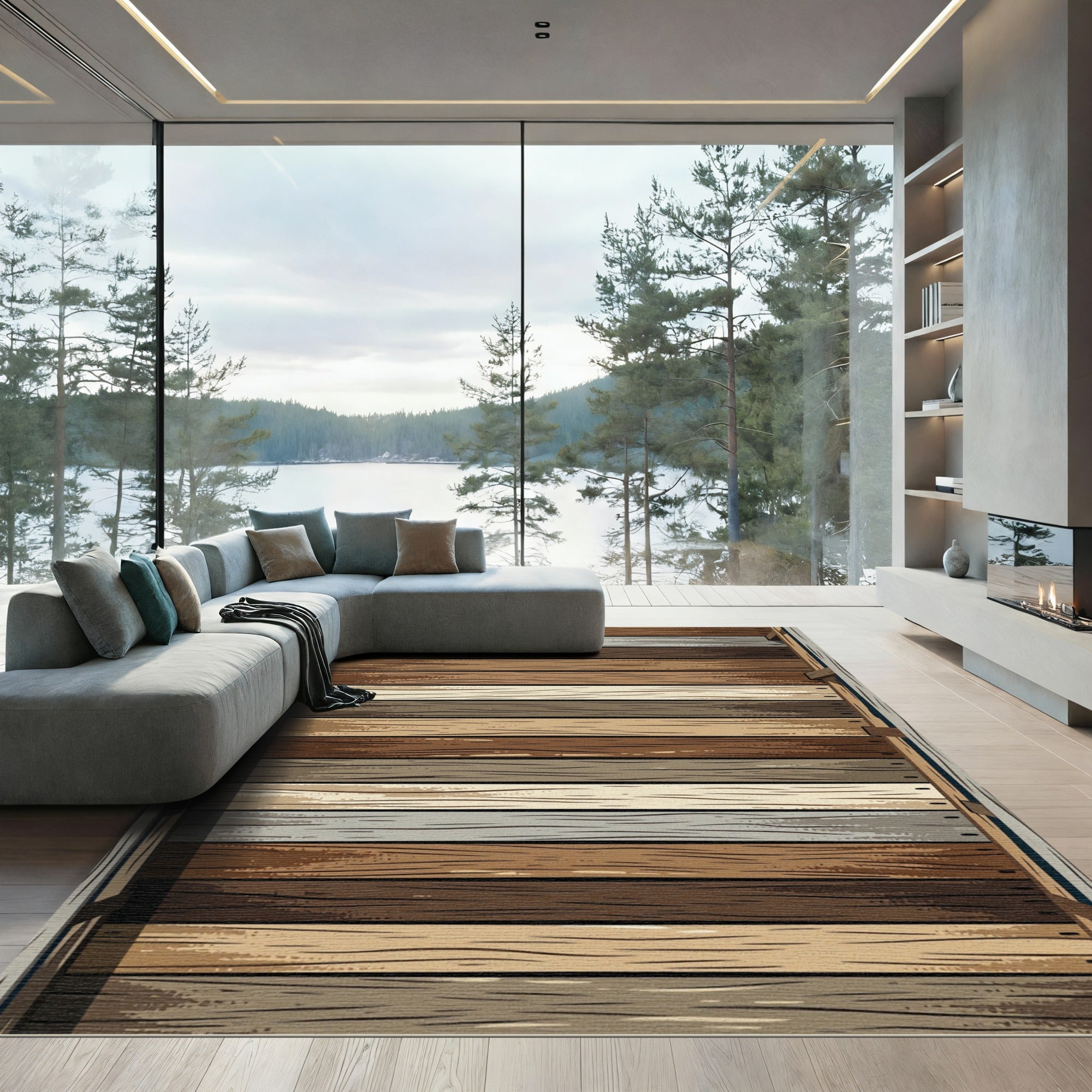 Rustic Wood Plank Horizontal Stripes Rug