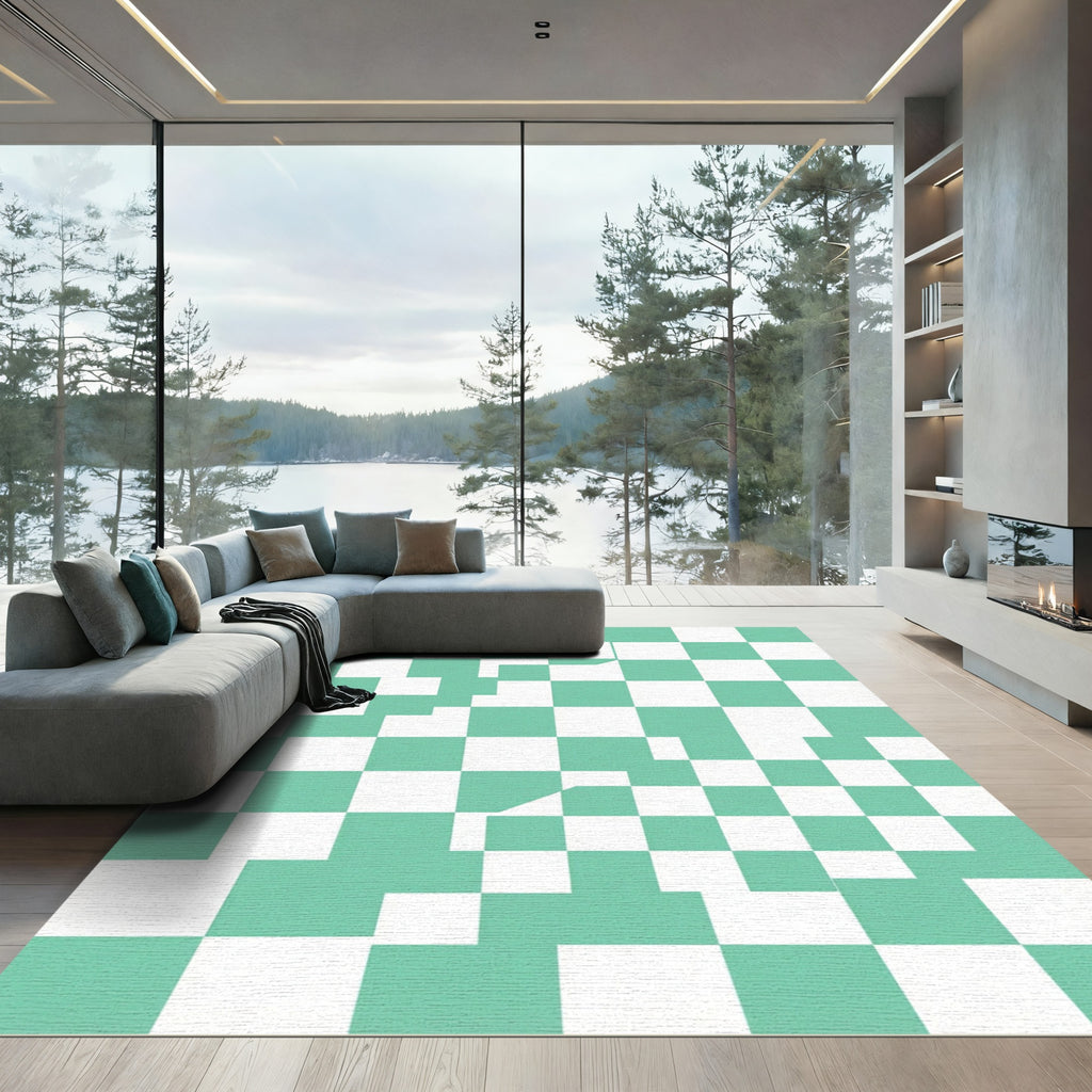 Modern Mint Green Wavy Geometric Checkered Rug