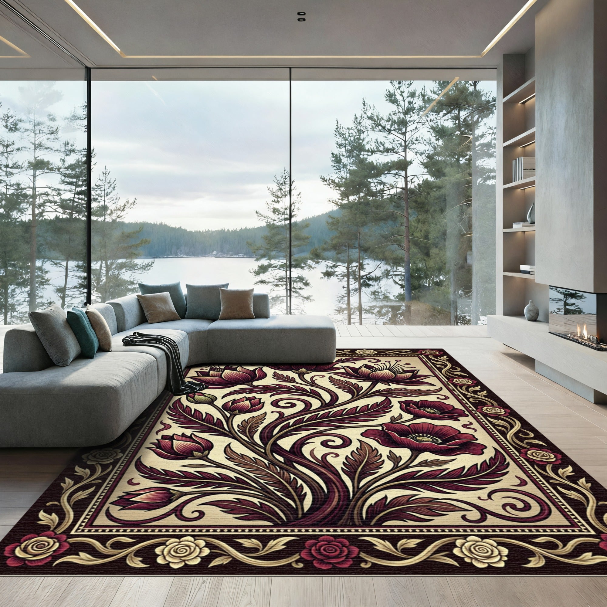 Deep Red Floral Illustration Border Rug