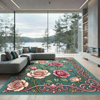 Elegant Pink Rose Scrollwork Botanical Rug