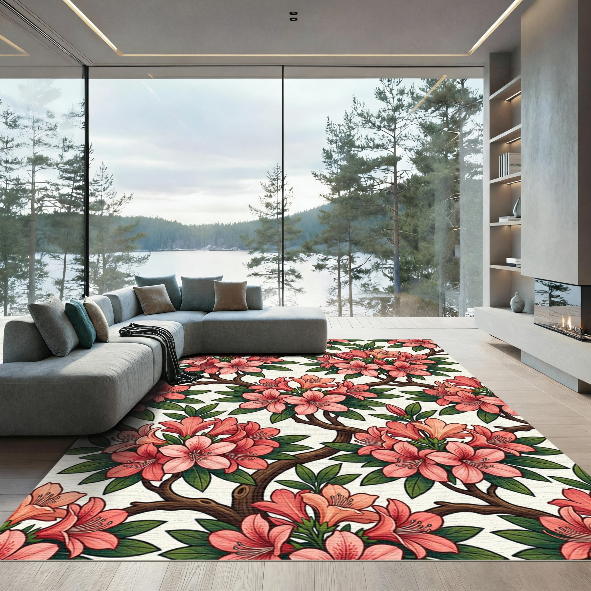 Coral Pink Blossom Branches Rug