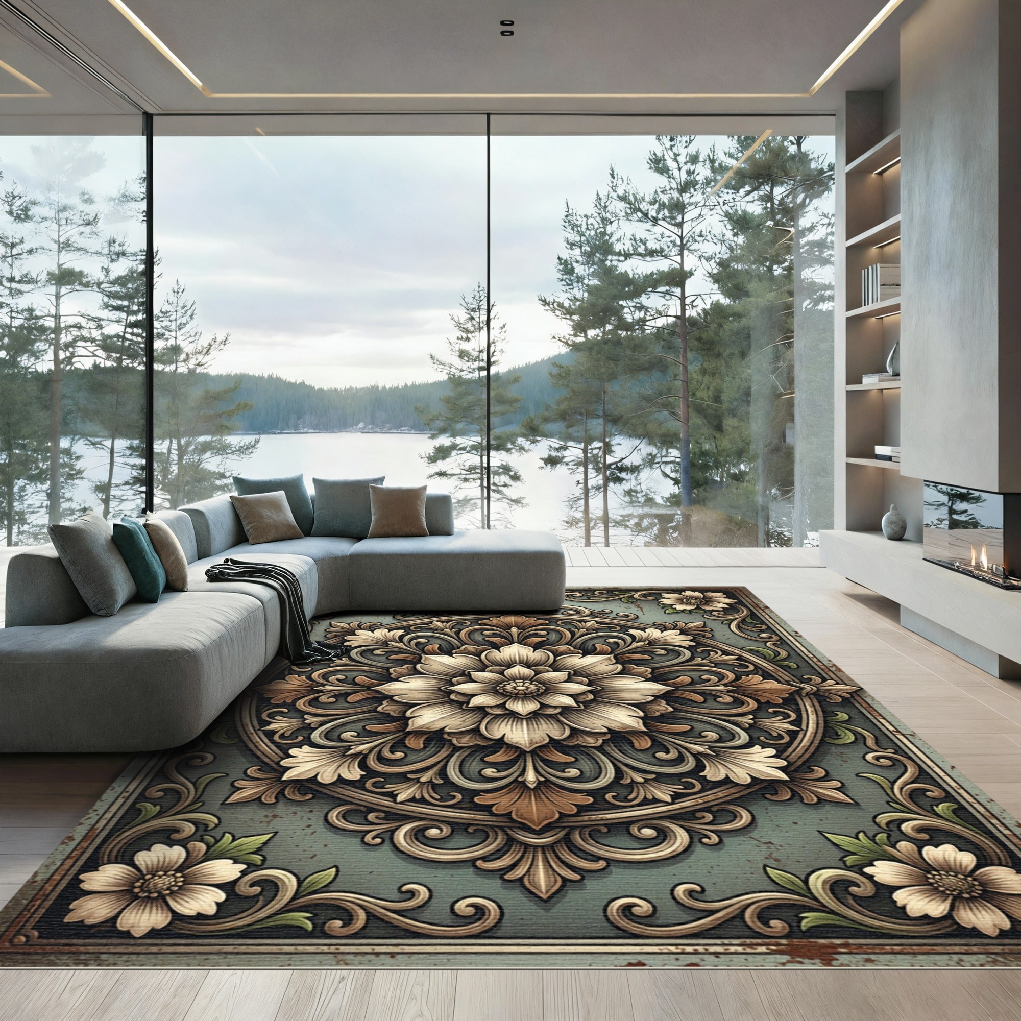 Victorian Sage Green Ornate Floral Medallion Rug
