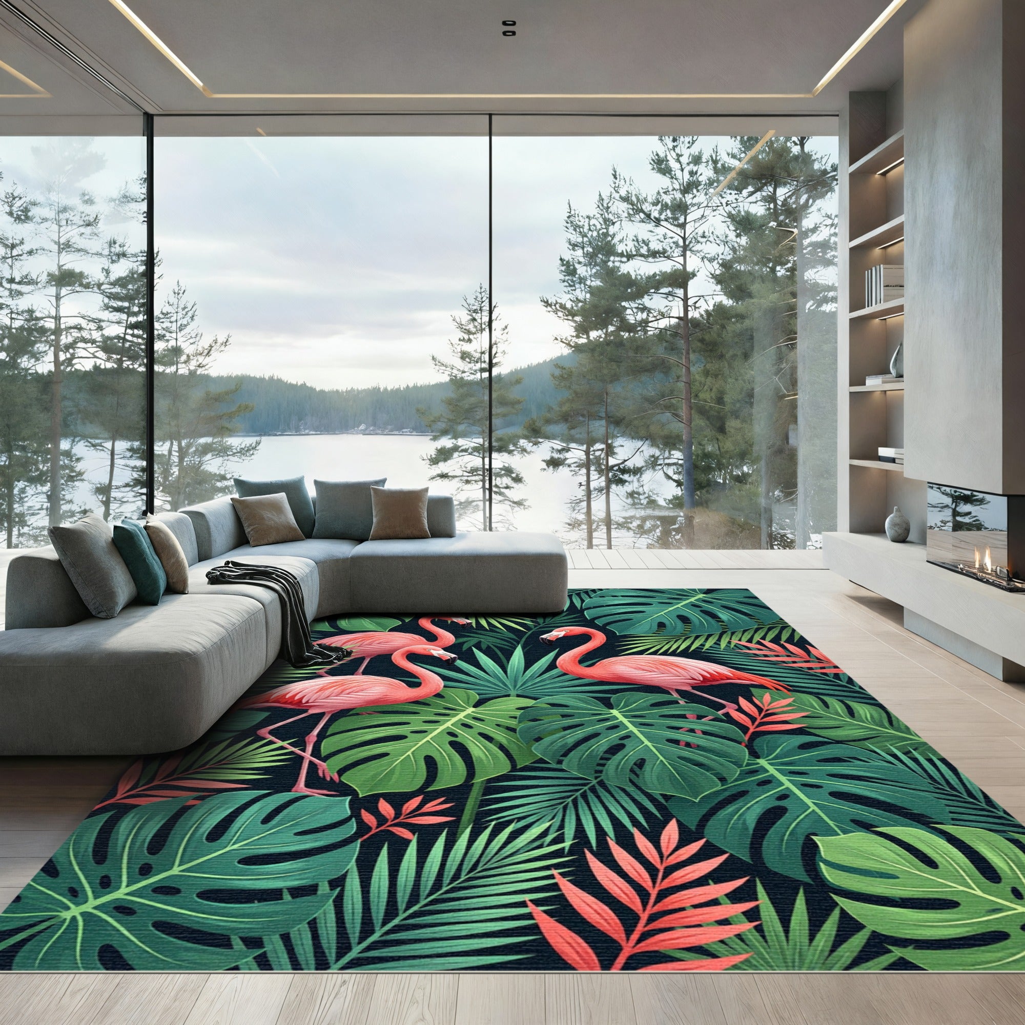 Lush Pink Flamingo Tropical Foliage Rug