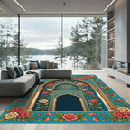 Ornate Floral Arch Rose Teal Tapestry Rug